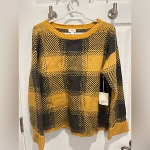 NWT Ana Women's Mustard and Charcoal Checkered Sweater L